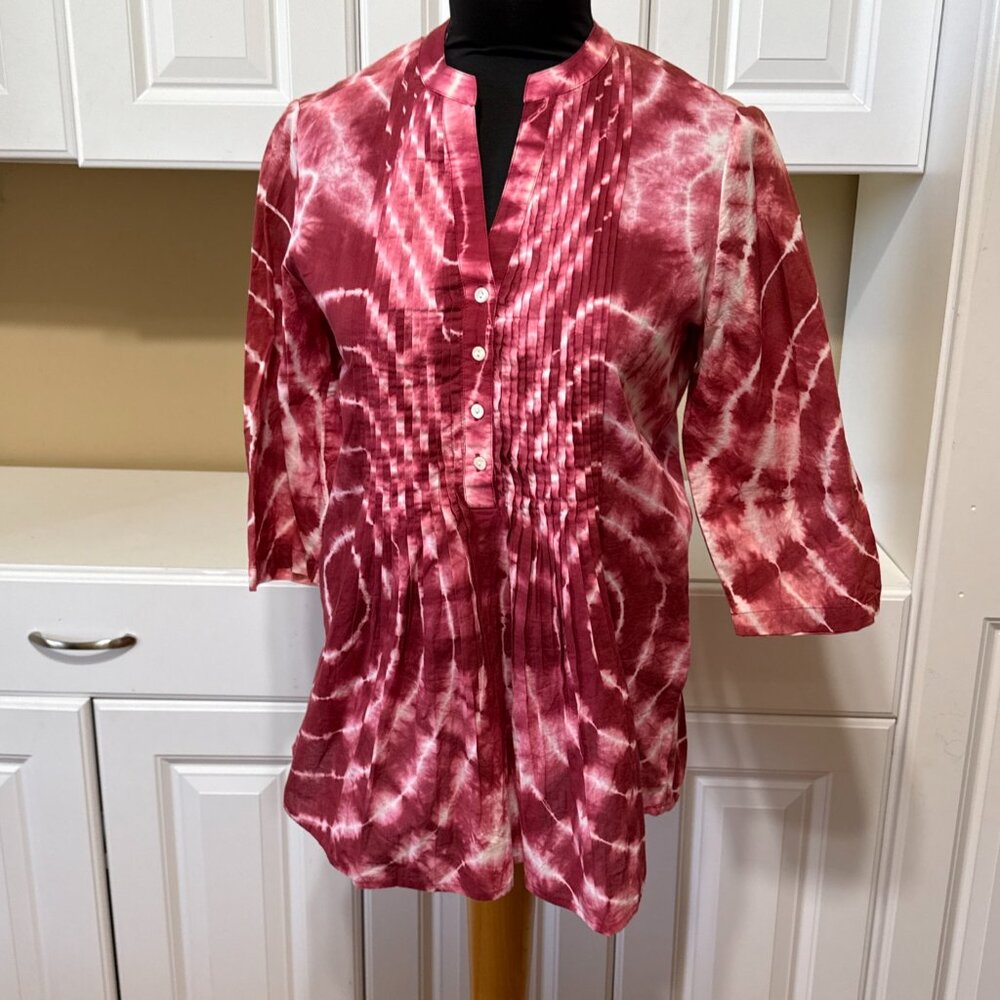 NWT Chico's Cotton Red Tie-Dye Pintuck Peasant Size 1P S 8 Button Placket Blouse